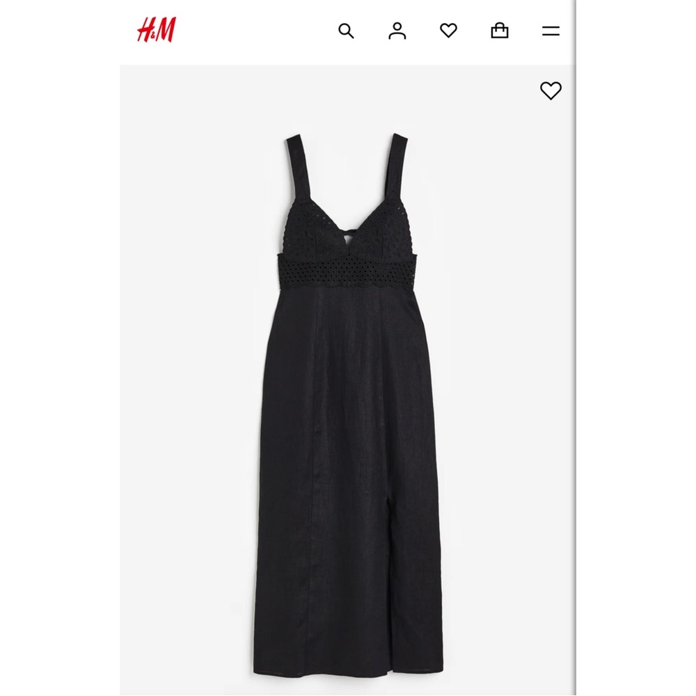 H&M Black Linen Dress NWT – Eyelet Embroidery Size M Summer Midi - Picture 10 of 11
